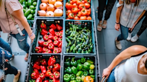 People shopping for fresh produce in a grocery store aisle photo