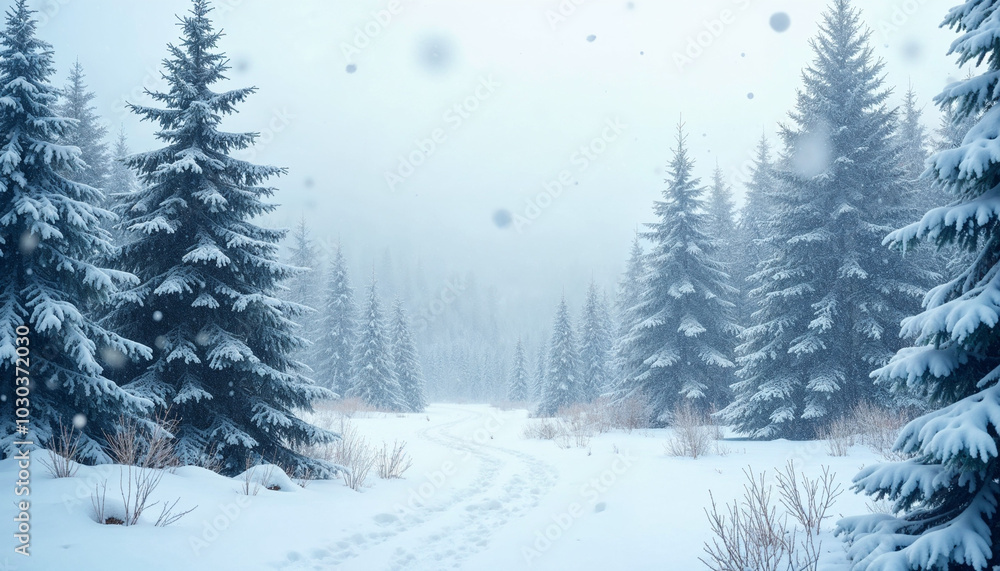 Frozen winter forest in the fog. Pine tree in nature covered with fresh snow Frozen winter forest in the fog. Pine tree in nature covered with fresh snow