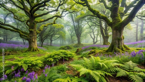 Lush green oak moss carpets a forest floor, with vibrant ferns and wildflowers surrounding ancient tree trunks in a serene, misty woodland atmosphere. photo