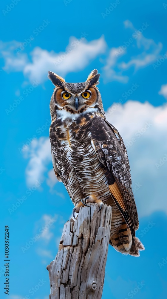 A Great Horned Owl perched on a tree log AI Generated Image A Great Horned Owl perched on a tree log AI Generated Image