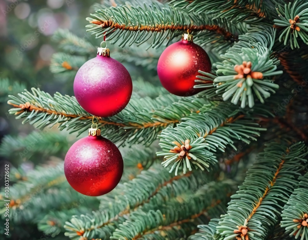 Obraz premium Colorful Christmas decorations adorn the branches of a spruce tree, vibrant balls in shades of red and pink, embodying holiday cheer in winter. Happy New Year art bokeh background. Generative AI