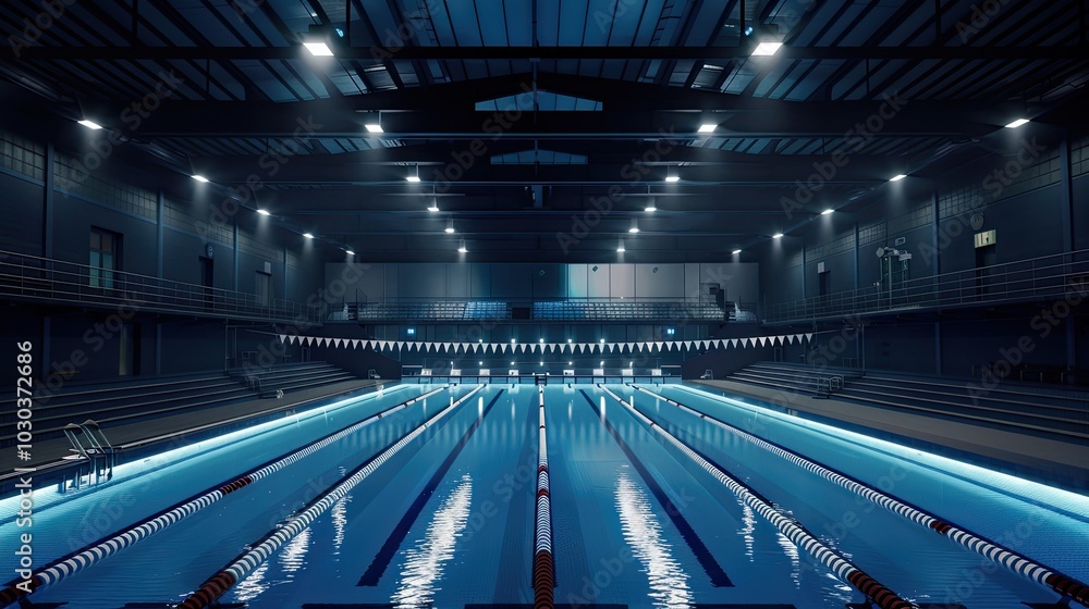 Beautiful view of an olympic swimming pool in the center, an indoor olympic pool with a slanted ceiling and long underwater lighting. A large indoor pool with rows of bright blue water and white start Beautiful view of an olympic swimming pool in the center, an indoor olympic pool with a slanted ceiling and long underwater lighting. A large indoor pool with rows of bright blue water and white start
