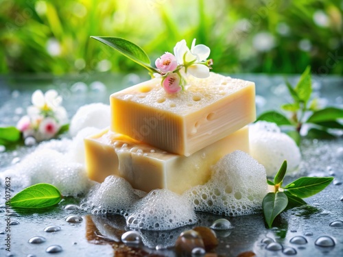 Luxurious soap suds cascade down smooth skin, highlighting gentle, foamy cleansing experience, as warm water rinses away impurities, refreshing and rejuvenating the entire being. photo