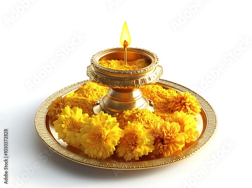 Diwali diya with marigold flowers and kumkum on a plate photo