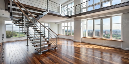 Loft with white metal staircase, wooden steps, jatoba flooring, and bay window panoramic view photo