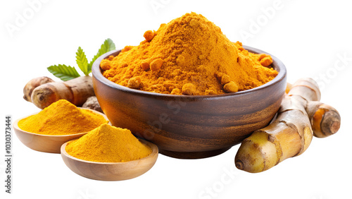 Turmeric powder and turmeric on a white or transparent background.
