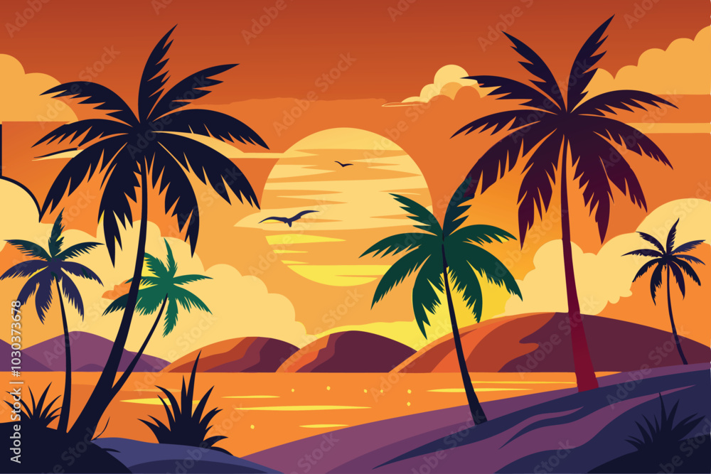 A sunset with palm trees and a sunset silhouette in the background. A sunset with palm trees and a sunset silhouette in the background.