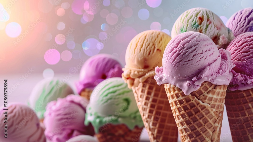 Waffle cones with ice cream scoops in flavors like vanilla, chocolate, and mint. Waffle cones with ice cream scoops in flavors like vanilla, chocolate, and mint.