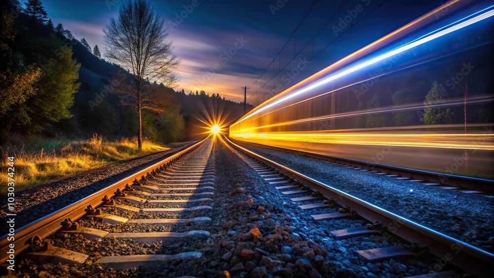 Long exposure photo of train tracks at night with light trails Long exposure photo of train tracks at night with light trails