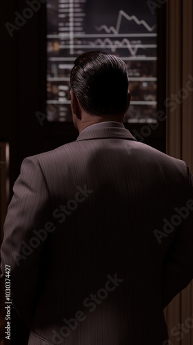 A businessman in a suit stands with his hands behind his back, gazing thoughtfully out at the city skyline through a window at night, while a virtual screen above him displays dynamic data graphs.