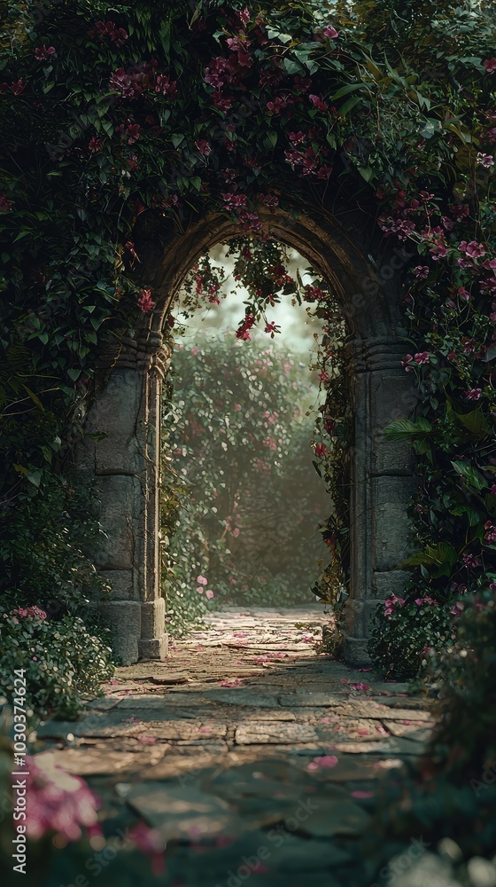 Hidden Garden Entrance Surrounded by Lush Flowers Hidden Garden Entrance Surrounded by Lush Flowers