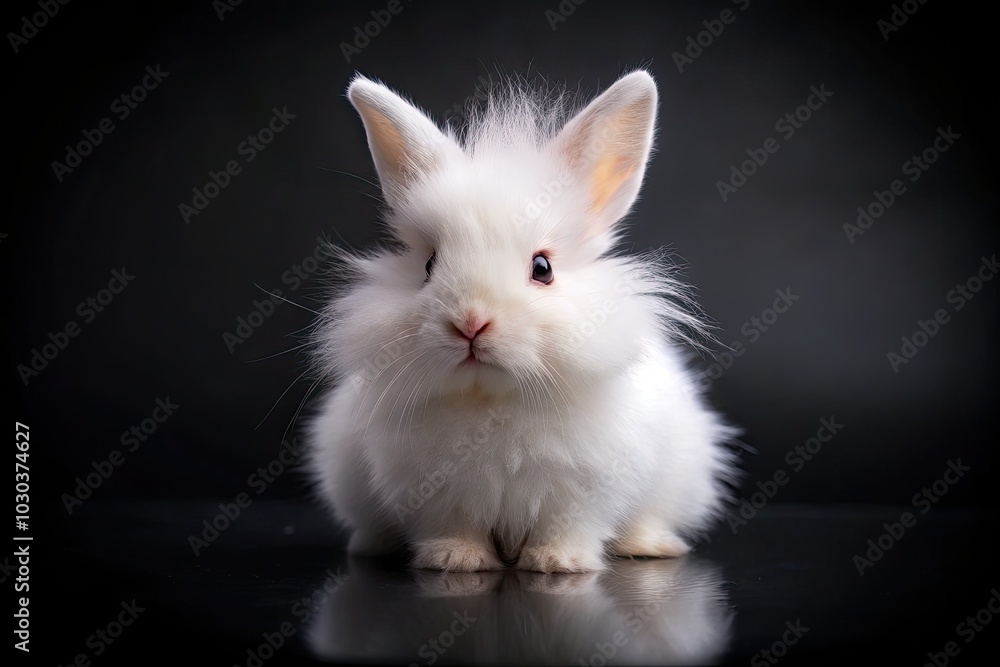 Cute white baby rabbit showcased on a sleek black backdrop through tilt-shift photography, appealing to all pet lovers and bringing joy to your decor. Cute white baby rabbit showcased on a sleek black backdrop through tilt-shift photography, appealing to all pet lovers and bringing joy to your decor.