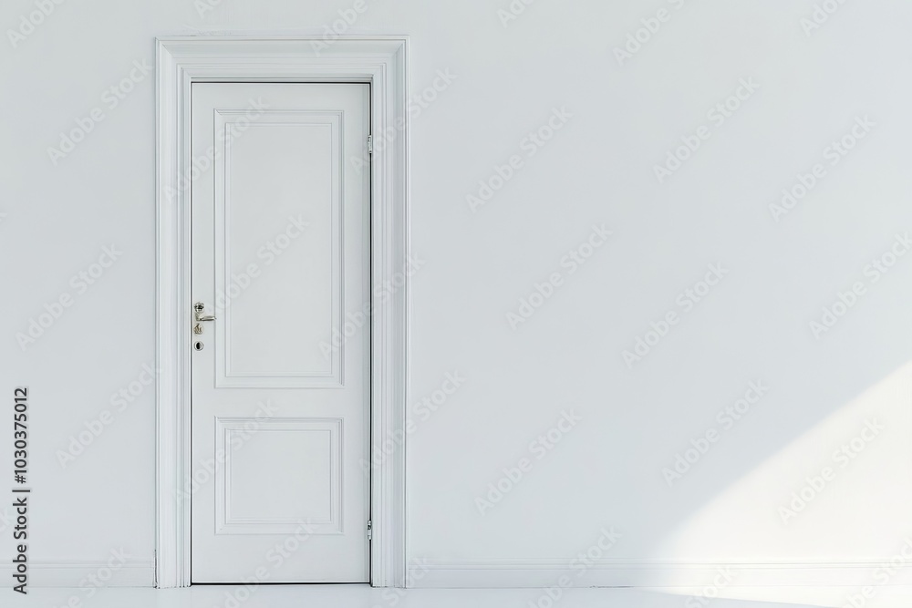 White door closed entrance in white background room. White door closed entrance in white background room.