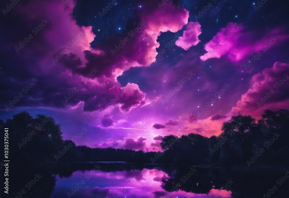 Fototapeta premium Dark pink clouds against the night sky and stars. Beautiful landscape, sunset, sunrise, bright background. Space, constellations, precipitation