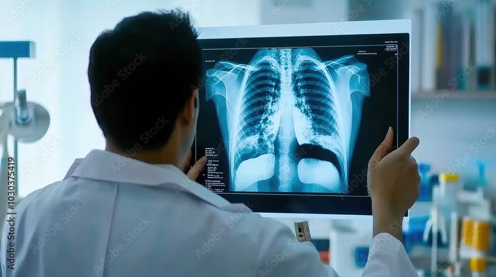 Doctor carefully examines X-ray film of patient's lungs, identifying COVID-19 complications, with medical instruments and charts in the background. Doctor carefully examines X-ray film of patient's lungs, identifying COVID-19 complications, with medical instruments and charts in the background.
