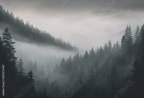 Pine forest in the mountains, foggy area. Landscape, autumn, cloudy day, nature, trees, pine needles. Wildlife photo