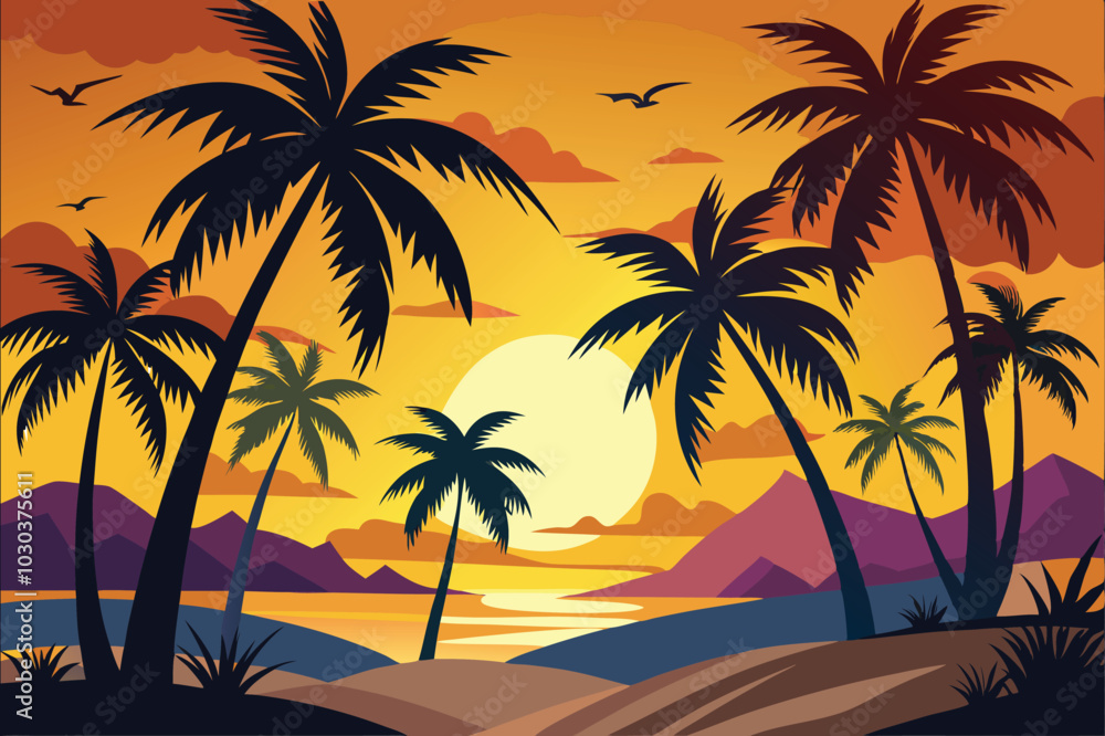 A sunset with palm trees and mountains in the background. A sunset with palm trees and mountains in the background.