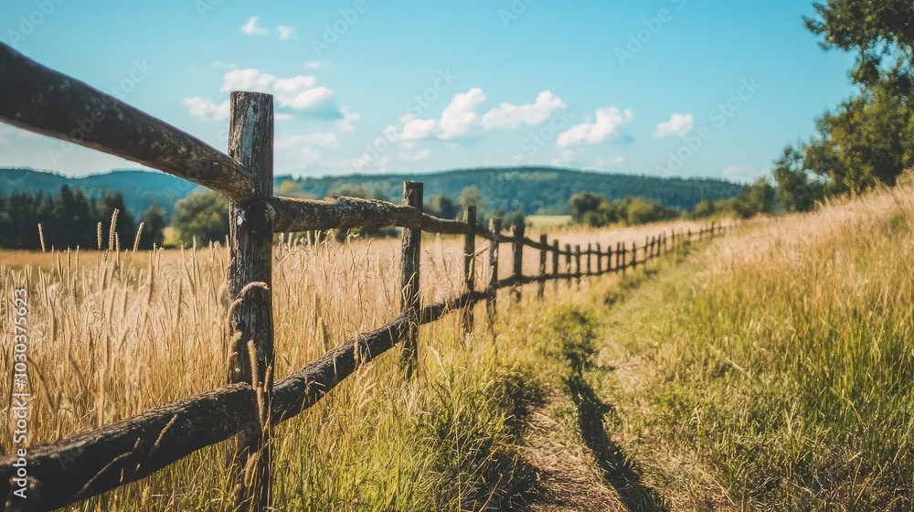 Fototapeta premium Rustic Fence Lined with Tall Grass Under Blue Sky