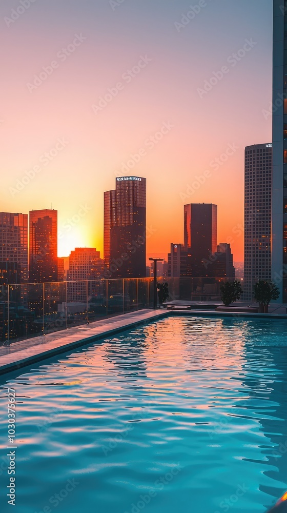 Obraz premium Rooftop Swimming Pool at Sunset Over Cityscape