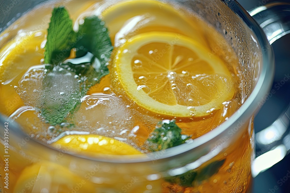 A close up of a refreshing iced tea with lemon slices, mint, and ice in a clear glass pitcher A close up of a refreshing iced tea with lemon slices, mint, and ice in a clear glass pitcher