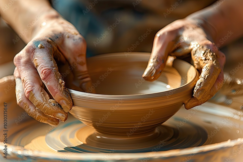 Close-up of hands crafting an elegant bowl on the potter's wheel, surrounded by colorful clay and tools in a studio setting shallow depth of field clay and glaze Close-up of hands crafting an elegant bowl on the potter's wheel, surrounded by colorful clay and tools in a studio setting shallow depth of field clay and glaze