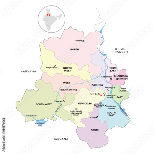 Delhi map district wise with river Yamuna
