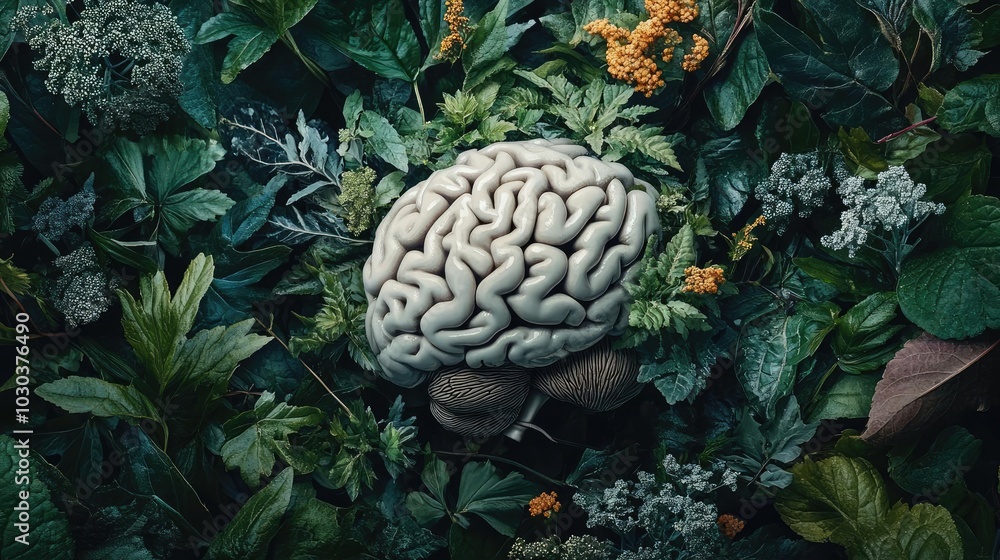 A brain surrounded by plants, symbolizing growth through mindfulness and care A brain surrounded by plants, symbolizing growth through mindfulness and care