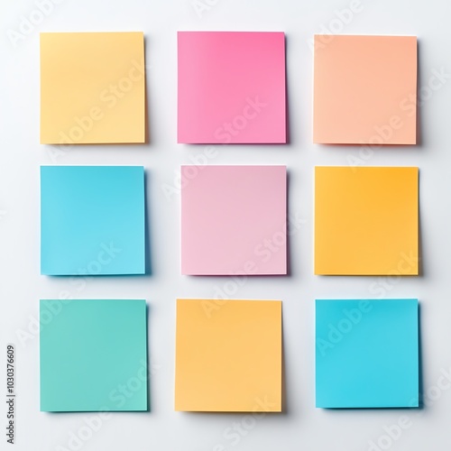 Colorful sticky notes arranged in a grid on a white background.