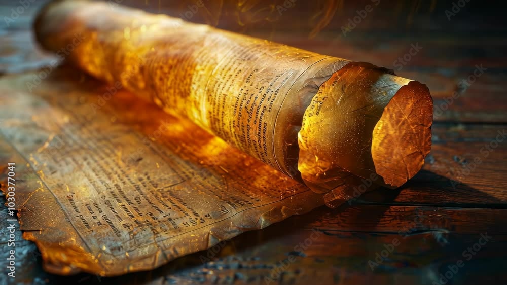 An ancient scroll glows with warm light, its pages filled with secrets of the past, resting on a wooden surface