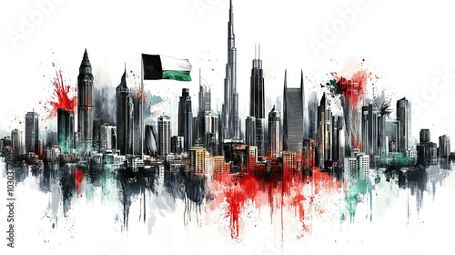 Abstract vector illustration of Dubai city skyline with the national flag on a white background, featuring vibrant color splashes and brush strokes in black, red, and green.