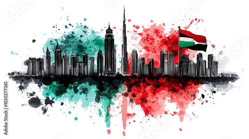 Abstract vector illustration of Dubai city skyline with the national flag on a white background, featuring vibrant color splashes and brush strokes in black, red, and green.