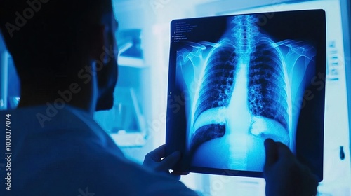 Doctor carefully examines X-ray film of patient's lungs, identifying COVID-19 complications, with medical instruments and charts in the background.