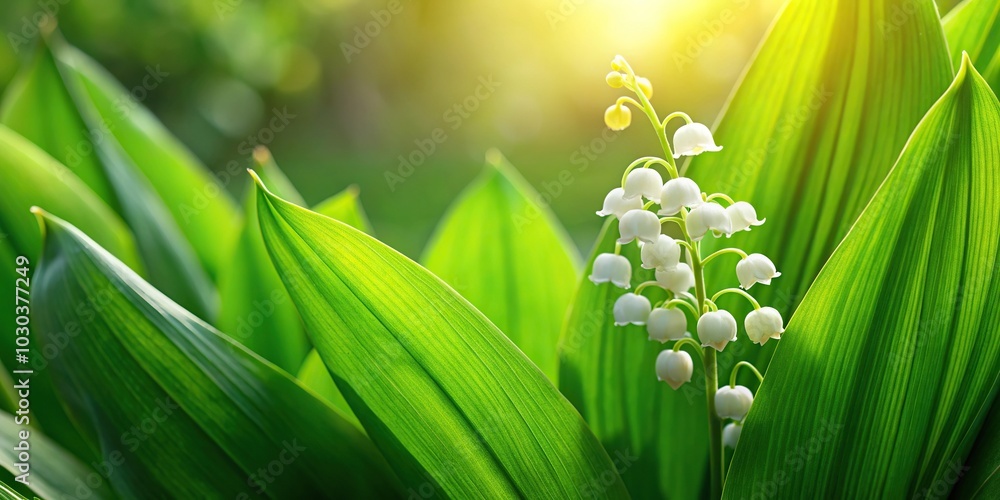 Obraz premium Long shot of lily of the valley flower with green leaves in the springtime