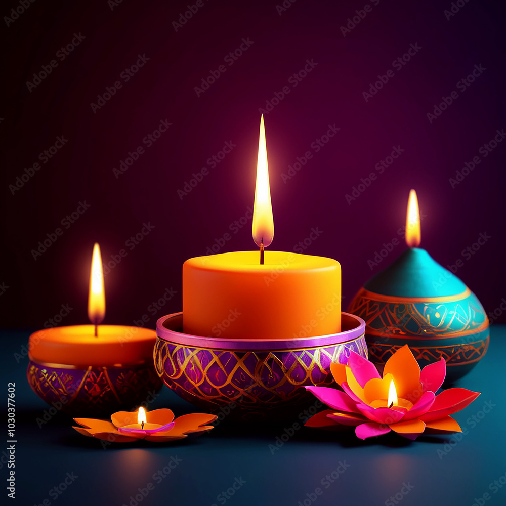 Festive Diwali Lanterns and Candles with Neon Swirls: A Stunning 3D Render Festive Diwali Lanterns and Candles with Neon Swirls: A Stunning 3D Render
