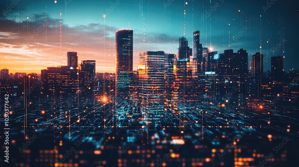 Fototapeta premium Stunning City Skyline at Dusk with Financial District Vibes