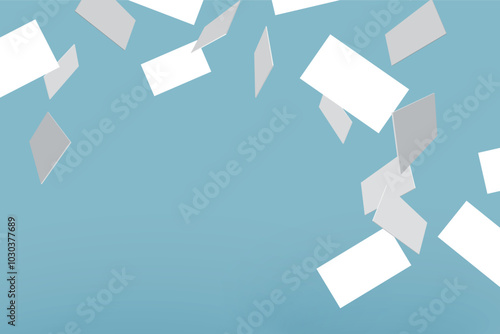 Vector illustration of falling white paper cards from above on transparent background.