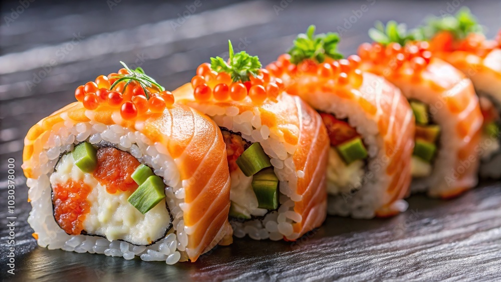 Long shot salmon roll decorated with jewel like fish roe Long shot salmon roll decorated with jewel like fish roe