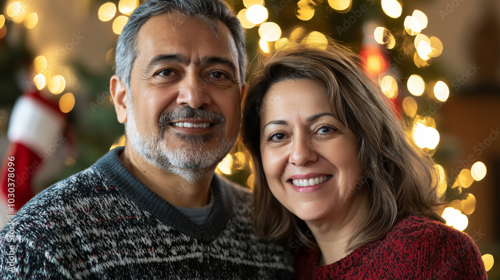 Happy senior couple smiles in front of a decorated christmas tree, surrounded by lights and festive decor, radiating joy and love in their cozy home Happy senior couple smiles in front of a decorated christmas tree, surrounded by lights and festive decor, radiating joy and love in their cozy home