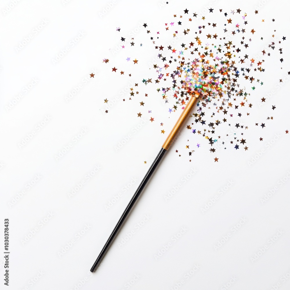 Magic wand with colorful star-shaped glitter on a white isolated background. Magic wand with colorful star-shaped glitter on a white isolated background.