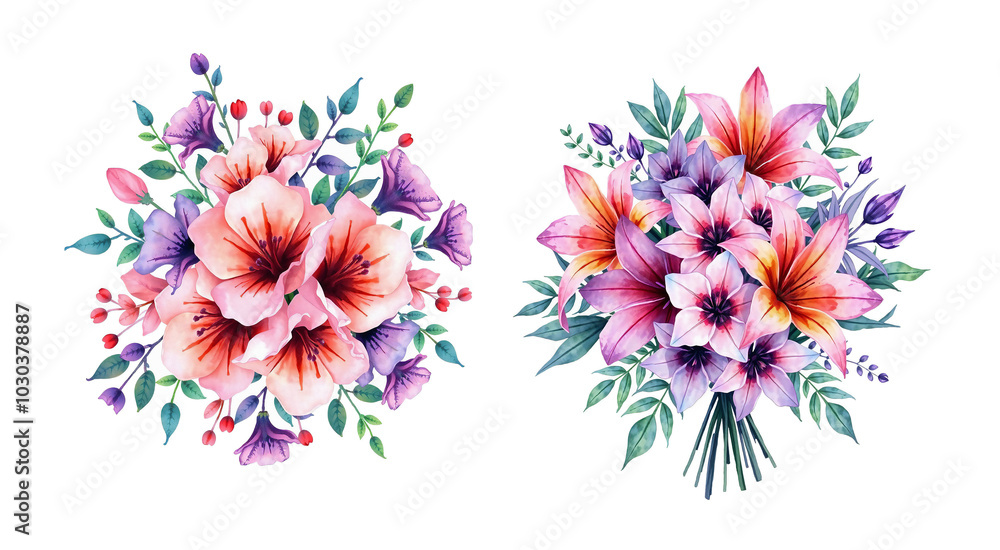 Fototapeta premium tropical housewarming arrangement bouquet with purple, huge flowers and beech leaves, brush stroke art, ink style, white background