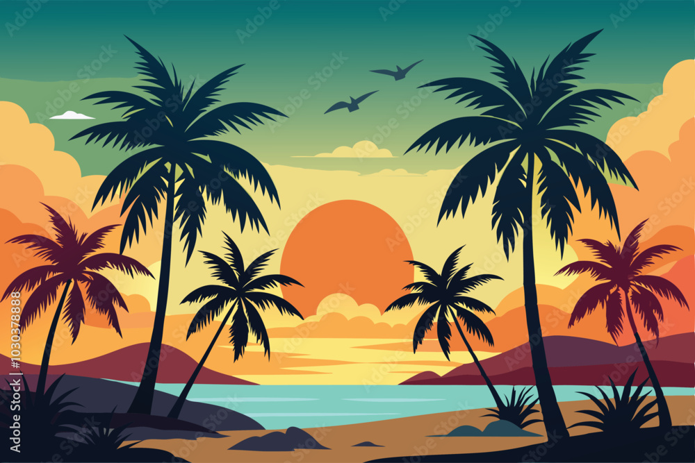 Palm trees on the beach with the sun setting behind them. Palm trees on the beach with the sun setting behind them.