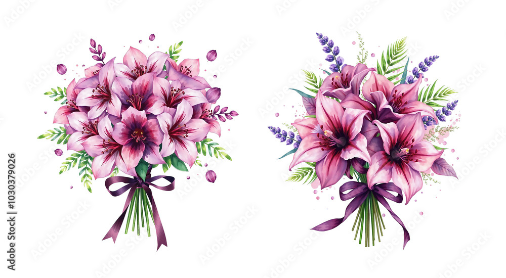 Fototapeta premium engagement love surprise bouquet with deep purple, big flowers and areca palm frond, white background, brush stroke art, painted style