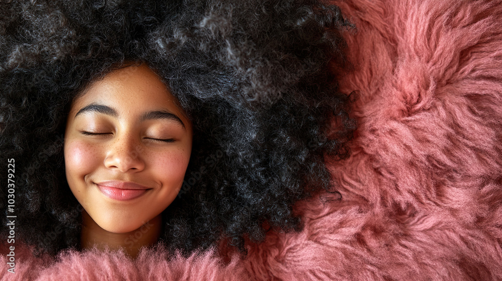 Close-up portrait of a young African American woman with curly hair against a vibrant pink background, top view, highlighting her joyful expression. Close-up portrait of a young African American woman with curly hair against a vibrant pink background, top view, highlighting her joyful expression.