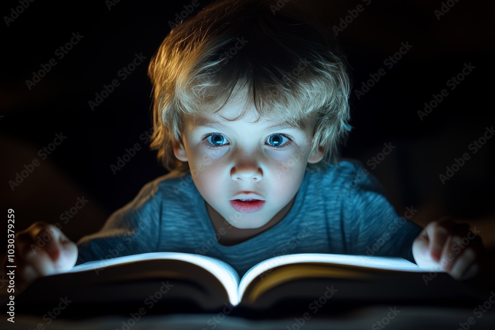 Little boy sitting in the dark reading a book illuminated by a glowing light capturing imagination discovery and the quiet magic of childhood learning in a peaceful indoor setting Little boy sitting in the dark reading a book illuminated by a glowing light capturing imagination discovery and the quiet magic of childhood learning in a peaceful indoor setting