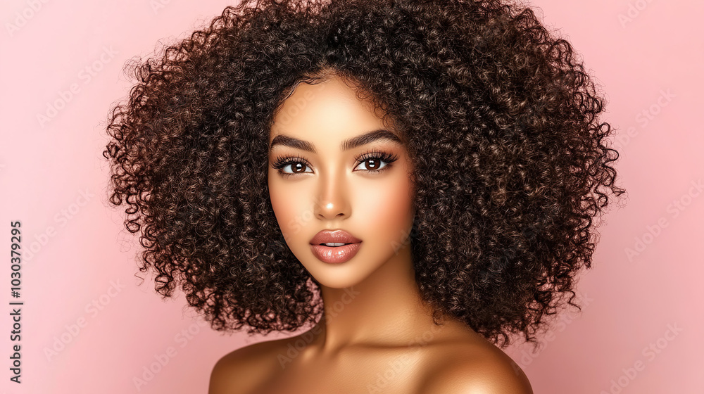 Close-up portrait of a young African American woman with curly hair against a vibrant pink background, top view, highlighting her joyful expression. Close-up portrait of a young African American woman with curly hair against a vibrant pink background, top view, highlighting her joyful expression.