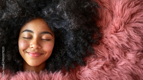 Close-up portrait of a young African American woman with curly hair against a vibrant pink background, top view, highlighting her joyful expression.