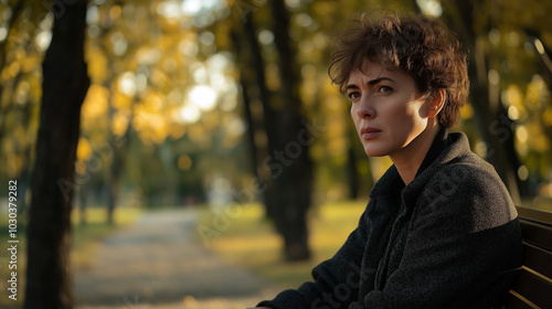 Sad woman in her 30s or 40s sits alone on a park bench during autumn, surrounded by yellow leaves and sunlight, lost in thought about her stress and anxiety