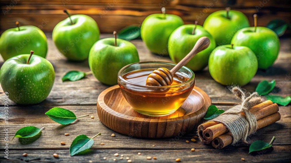 Dive into tilt-shift photography featuring luscious green apples and a sparkling honey bowl, an artistic treat for food lovers craving visual delight. Dive into tilt-shift photography featuring luscious green apples and a sparkling honey bowl, an artistic treat for food lovers craving visual delight.