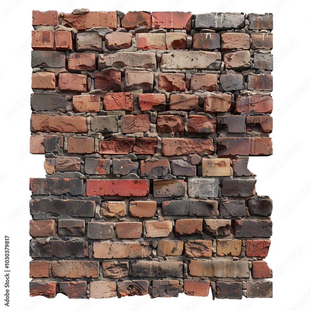 Obraz premium Old and damaged brick wall, with chipping paint revealing a crumbling brick facade