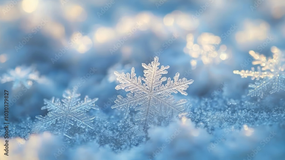 Macro photo of snowflakes lying on snow with a blurred background and shallow depth of field. The delicate snowflakes glisten in the sun Macro photo of snowflakes lying on snow with a blurred background and shallow depth of field. The delicate snowflakes glisten in the sun